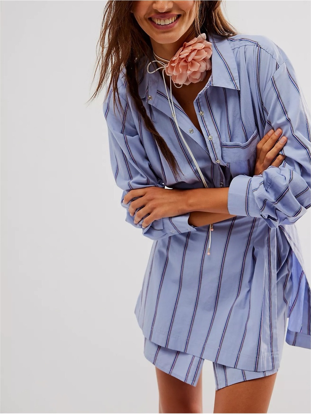 Free People High Vibrations Shirt Dress in Cornflower Blue Combo Size S NWT